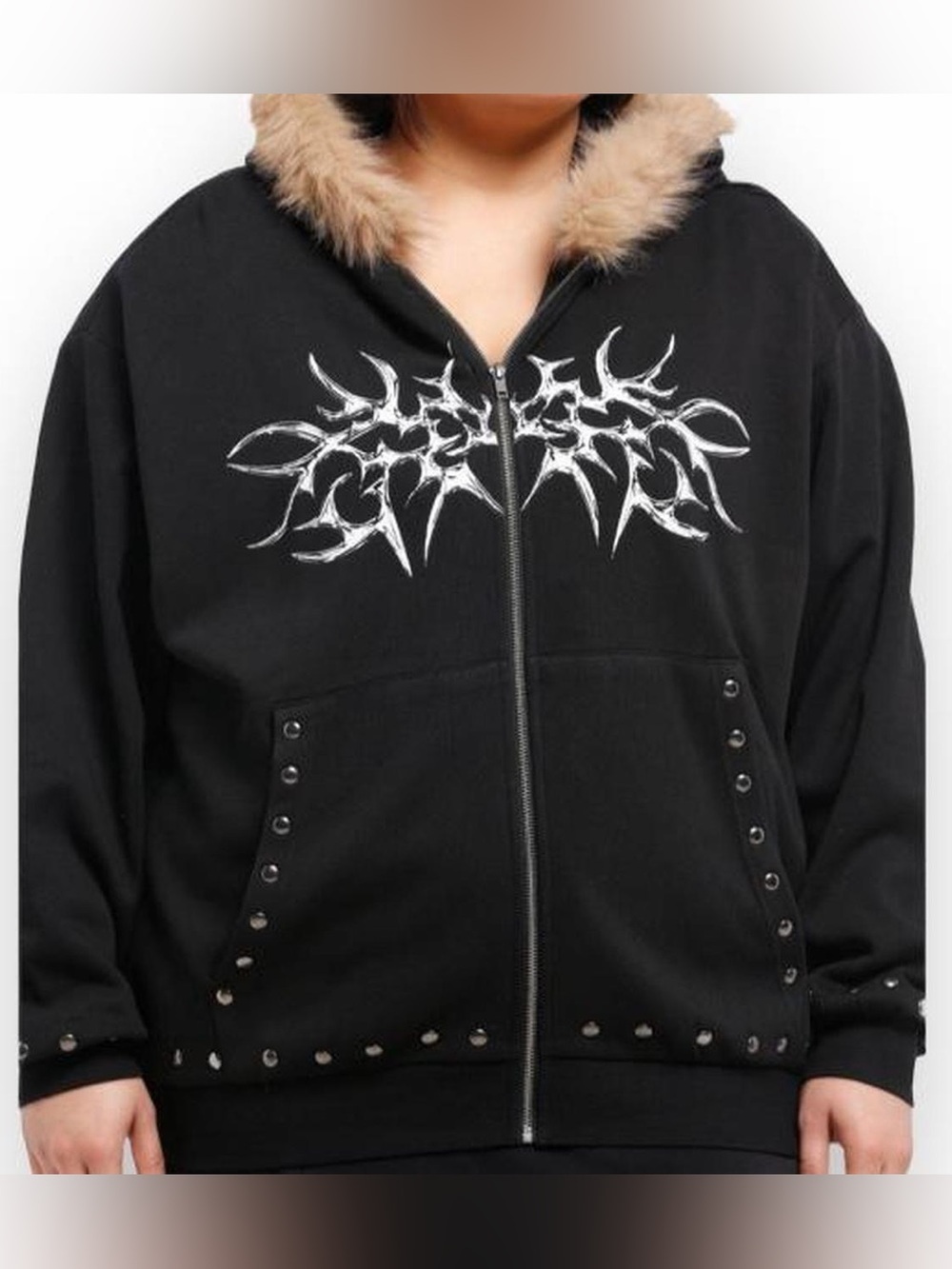 Black Zip-Up Hoodie with Faux Fur Hood and Stud Details